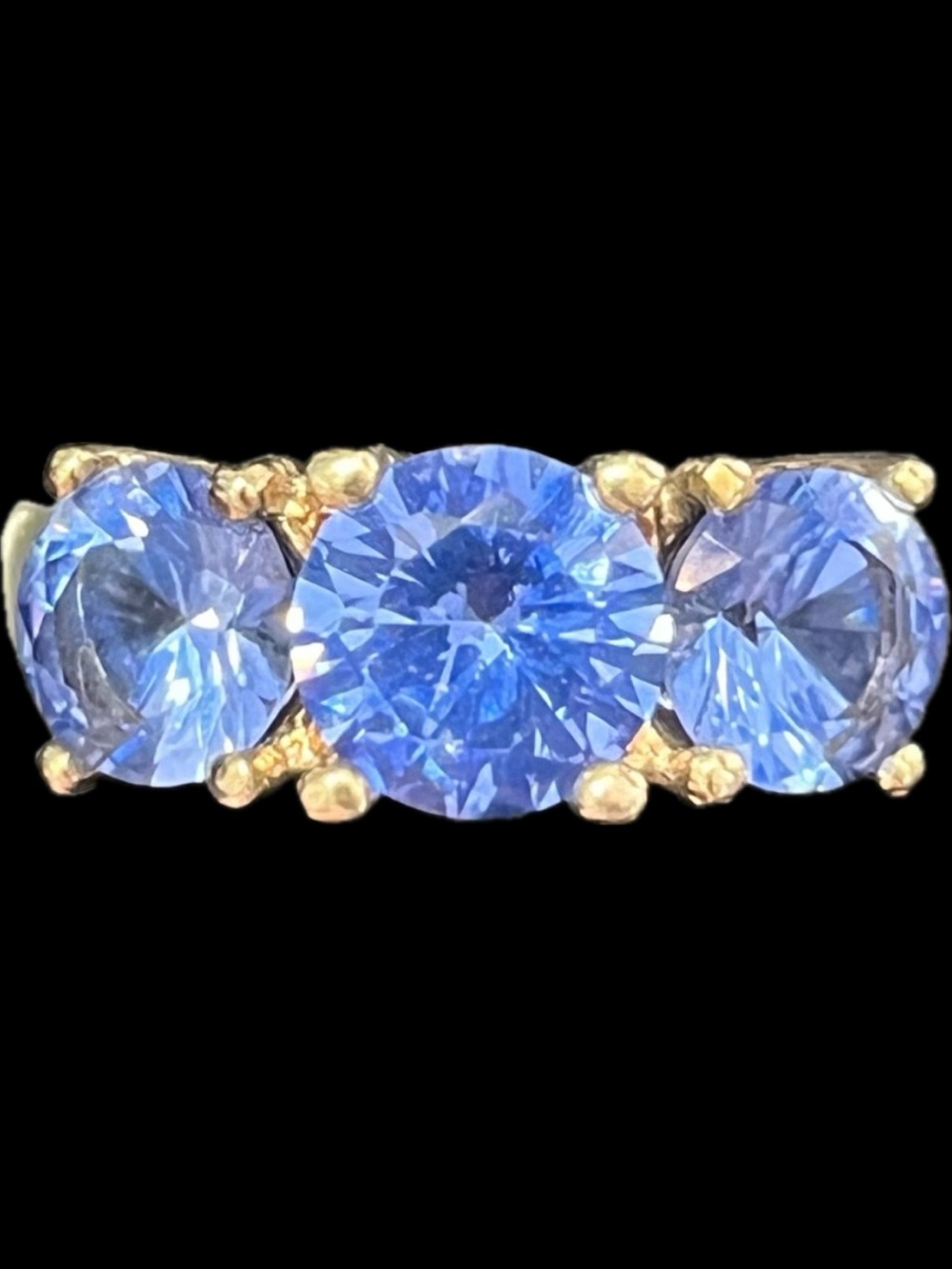 Technibond gold vintage blue Tanzanite 3-stone anniversary cocktail band ring